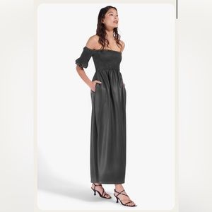 Staud Dress Black Mae Vegan Leather Maxi Smocked Off-The-Shoulder Large